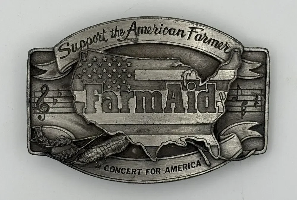 Vintage 1985 Farm Aid Pewter Belt Buckle Siskiyou Limited Edition Support Farmer